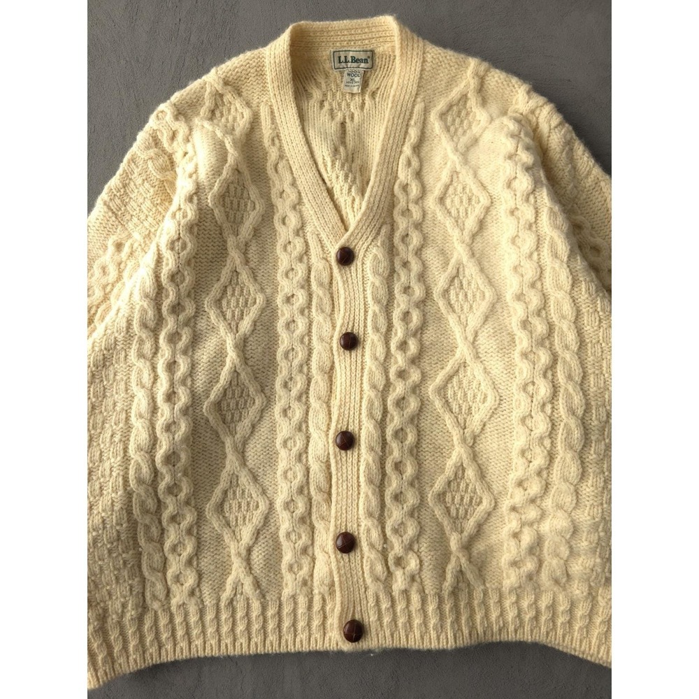 Vintage 1990s L.L. Bean Cable Knit Wool Heavyweight Cardigan Sweater XL Ireland - Picture 4 of 10